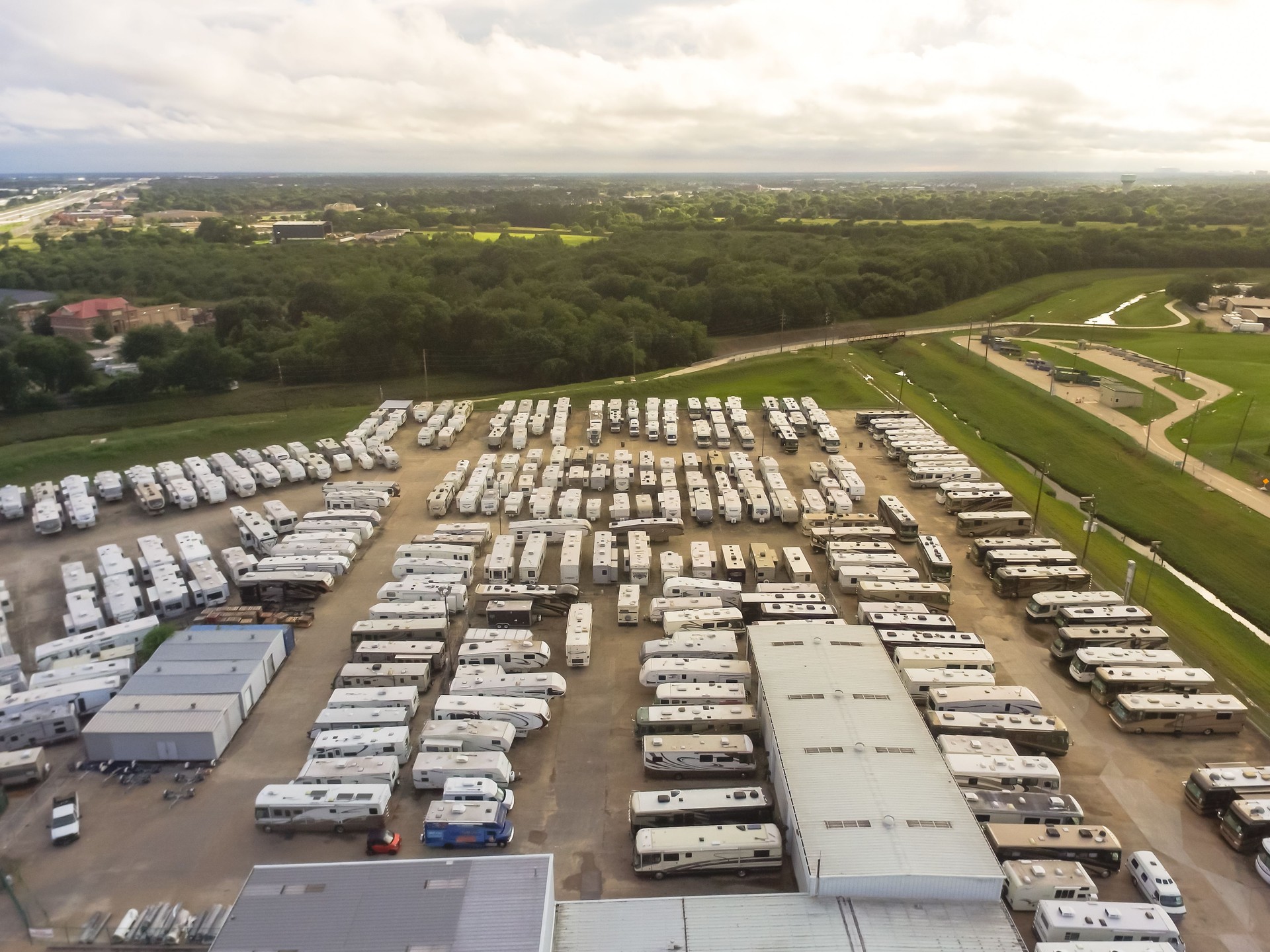 Top view used and consigned recreational vehicle at RV dealership parking lots